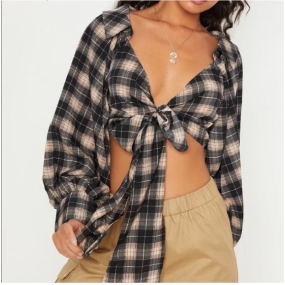 🪞 NEW tie front bubble sleeve plaid wrap top - Picture 1 of 4